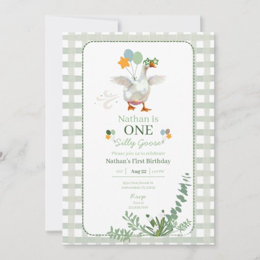 Silly Goose First Birthday Green Invitation 招待状 (正面)