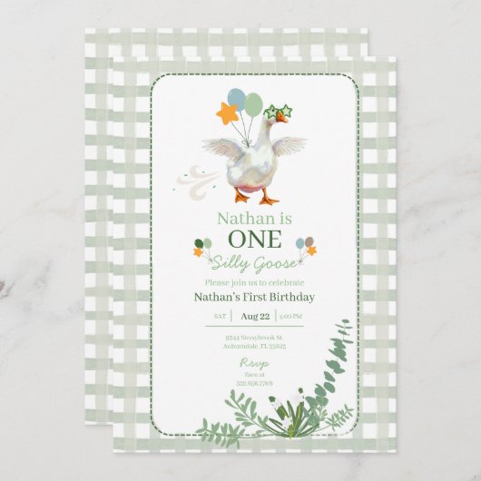 Silly Goose First Birthday Green Invitation  招待状 (正面/裏面)