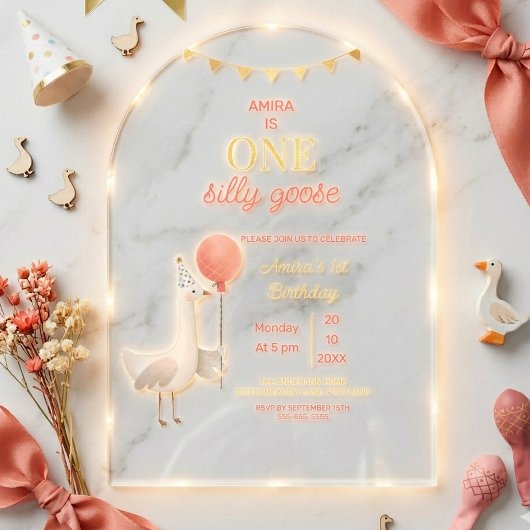 Silly Goose First Birthday Personalized Arch Party アクリル招待状