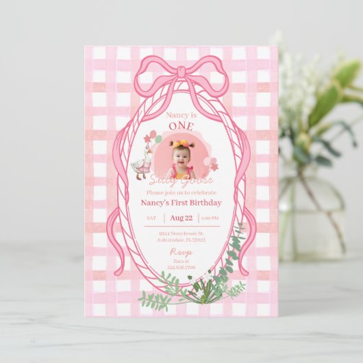 Silly Goose First Birthday Pink Photo Invitation 招待状 (スタンド正面)