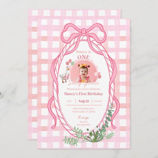 Silly Goose First Birthday Pink Photo Invitation  招待状 (正面/裏面)