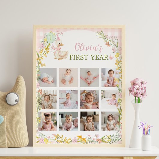 Silly Goose Floral Girl Birthday Photo Milestone ポスター
