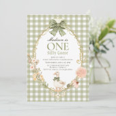 Silly Goose Floral Green Gingham 1st Birthday 招待状 (スタンド正面)