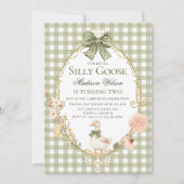 Silly Goose Floral Green Gingham Birthday Party 招待状 (正面)