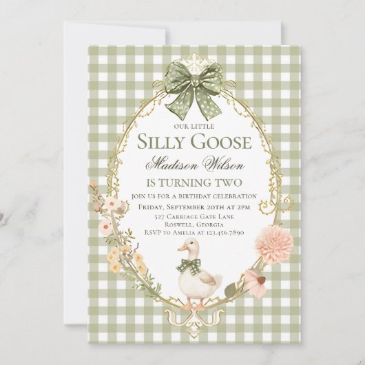 Silly Goose Floral Green Gingham Birthday Party 招待状 (正面)