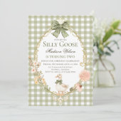 Silly Goose Floral Green Gingham Birthday Party 招待状 (スタンド正面)
