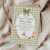 Silly Goose Floral Green Gingham Birthday Party 招待状