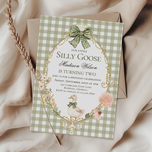 Silly Goose Floral Green Gingham Birthday Party 招待状