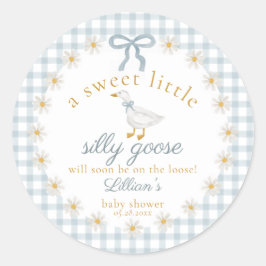 Silly Goose Flower Bow Baby Shower Blue Gingham  ラウンドシール