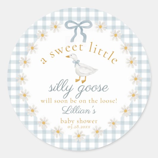Silly Goose Flower Bow Baby Shower Blue Gingham  ラウンドシール (正面)