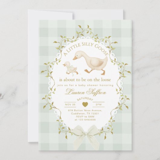 Silly Goose Gender neutral Sage Baby Shower 招待状 (正面)