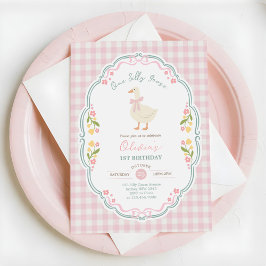 Silly Goose Gingham Duck Gender Neutra Baby Shower 招待状