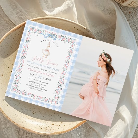 Silly Goose Gingham Duck Gender Neutra Photoo 招待状