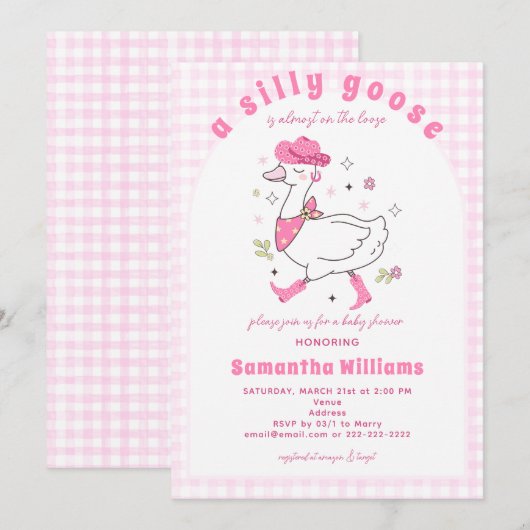 Silly Goose Gingham Plaid Western Girl Baby Shower 招待状 (正面/裏面)