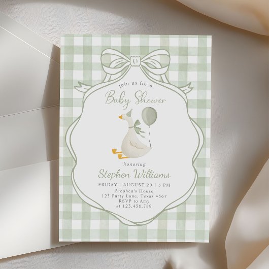 Silly Goose Green Bow Boy Baby Shower 招待状