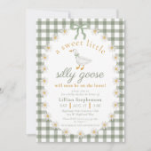 Silly Goose Green Bow Daisy Gingham Baby Shower 招待状 (正面)