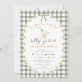 Silly Goose Green Bow Daisy Gingham Baby Shower 招待状