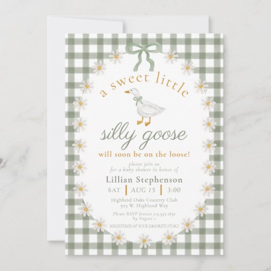 Silly Goose Green Bow Daisy Gingham Baby Shower 招待状 (正面)