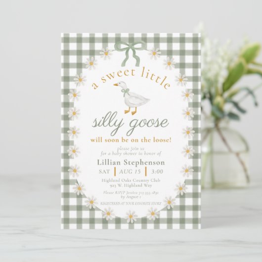 Silly Goose Green Bow Daisy Gingham Baby Shower 招待状 (スタンド正面)