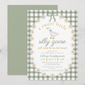 Silly Goose Green Bow Daisy Gingham Baby Shower 招待状 (正面/裏面)