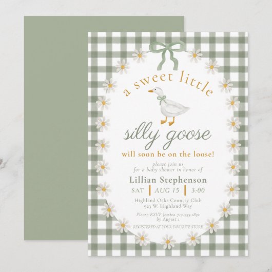 Silly Goose Green Bow Daisy Gingham Baby Shower 招待状 (正面/裏面)