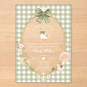 Silly Goose Green Gingham Baby Shower アクリル招待状 (正面)
