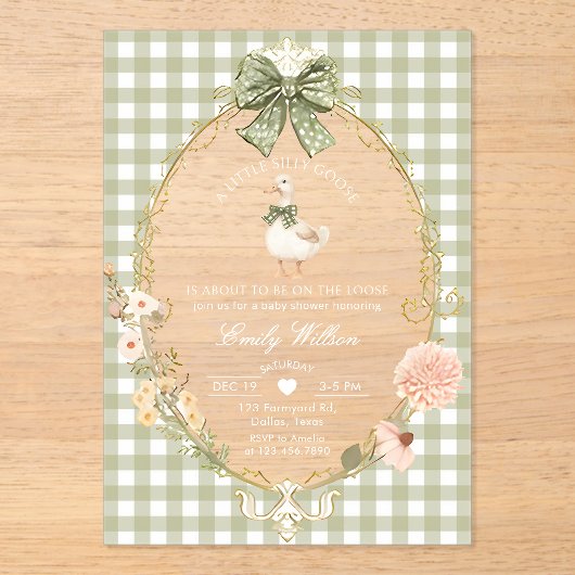 Silly Goose Green Gingham Baby Shower アクリル招待状 (正面)