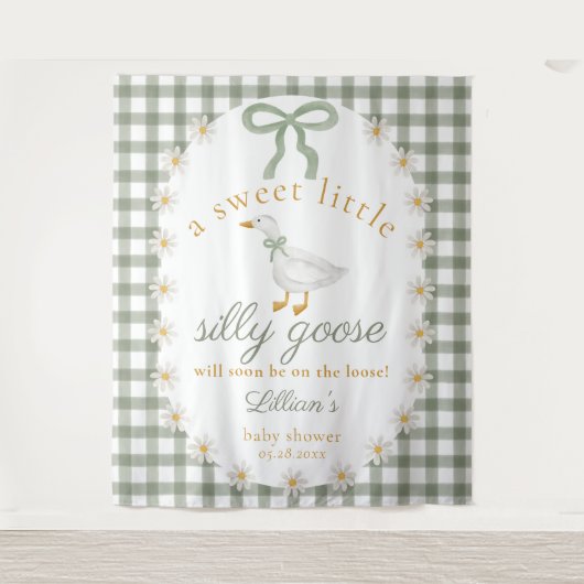 Silly Goose Green Gingham Baby Shower Backdrop タペストリー (正面)