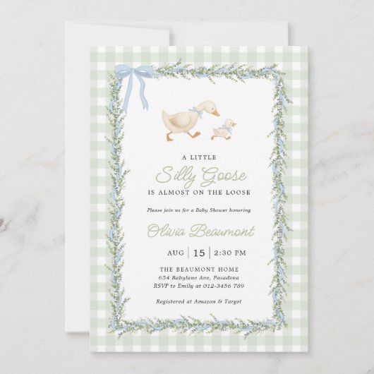 Silly Goose Green Gingham Baby Shower Invitation 招待状 (正面)