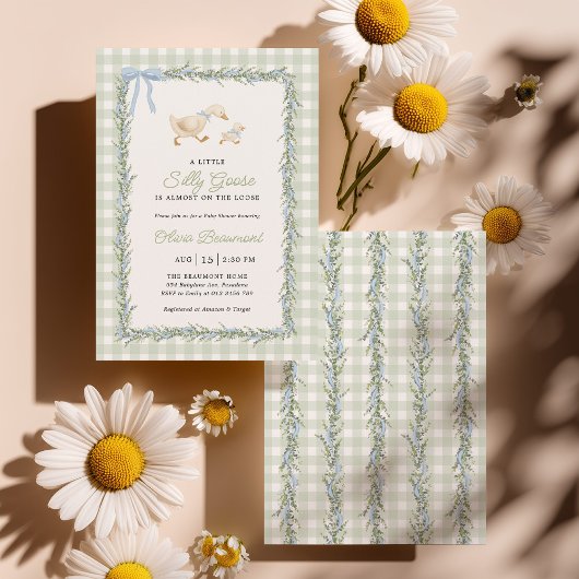 Silly Goose Green Gingham Baby Shower Invitation 招待状