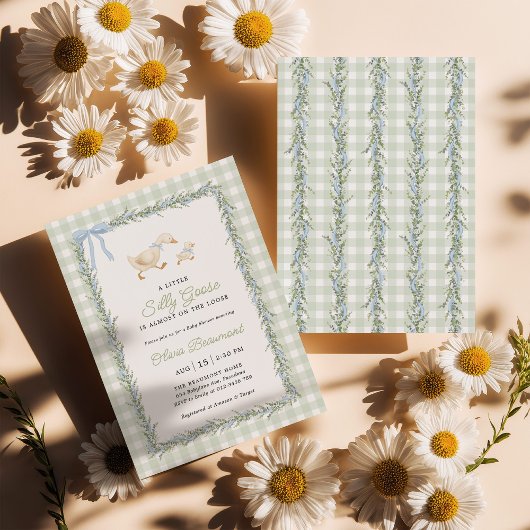 Silly Goose Green Gingham Baby Shower Invitation 招待状
