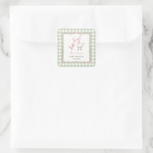 Silly Goose Green Gingham Baby Shower Sticker スクエアシール (バッグ)