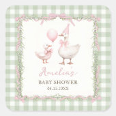 Silly Goose Green Gingham Baby Shower Sticker スクエアシール (正面)