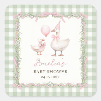 Silly Goose Green Gingham Baby Shower Sticker スクエアシール