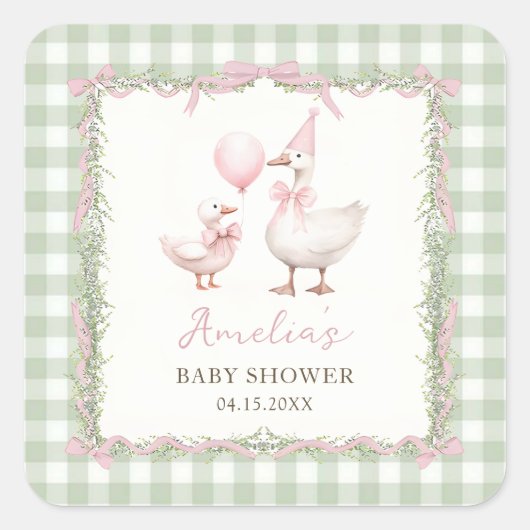Silly Goose Green Gingham Baby Shower Sticker スクエアシール (正面)