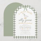 Silly Goose Green Gingham Bow Baby Shower Arch 招待状 (正面/裏面)