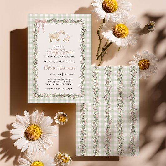 Silly Goose Green Gingham Pink Baby Shower Invite 招待状