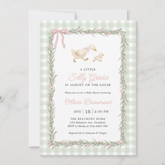 Silly Goose Green Gingham Pink Baby Shower Invite 招待状 (正面)