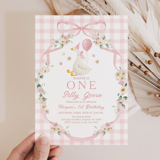 Silly Goose Invitation: 1st Birthday, Pink Floral  招待状