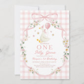 Silly Goose Invitation: 1st Birthday, Pink Floral  招待状 (正面)