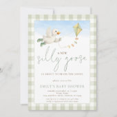 Silly Goose Kite Sage Gingham Baby Shower 招待状 (正面)