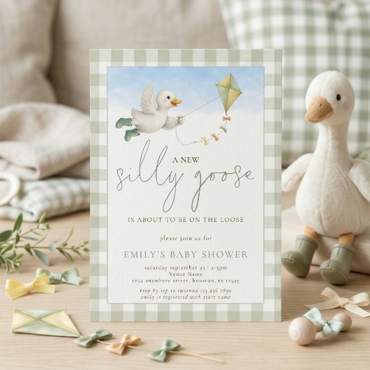 Silly Goose Kite Sage Gingham Baby Shower 招待状