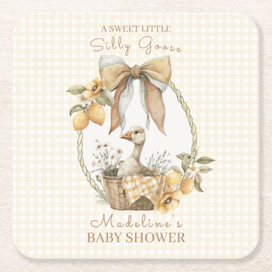 Silly Goose Lemon Watercolor Baby Shower スクエアペーパーコースター (正面)