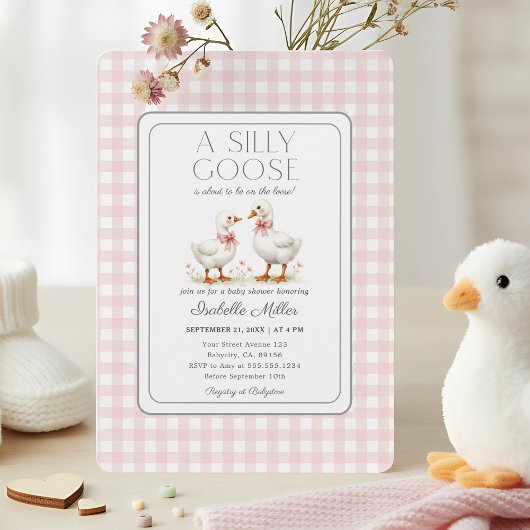 Silly Goose on the Loose Baby Shower Pink Gingham  招待状
