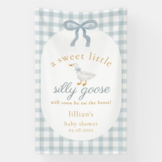 Silly Goose On The Loose Blue Gingham Baby Shower 横断幕 (縦)