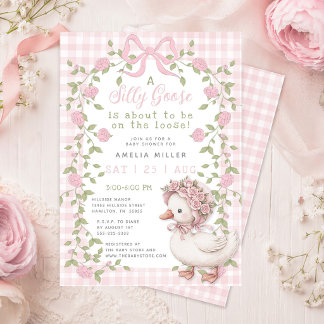 Silly Goose On the Loose Pink Gingham Baby Shower 招待状