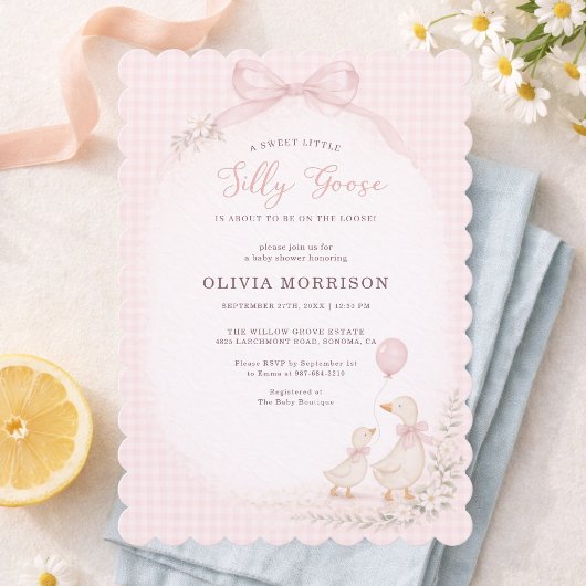 Silly Goose on the Loose Pink Gingham Baby Shower 招待状