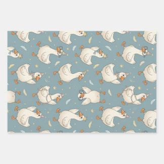 Silly Goose Party – Blue Background with Feathers ラッピングペーパーシート