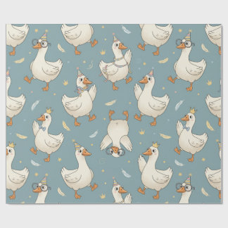Silly Goose Party – Blue Background with Feathers ラッピングペーパー