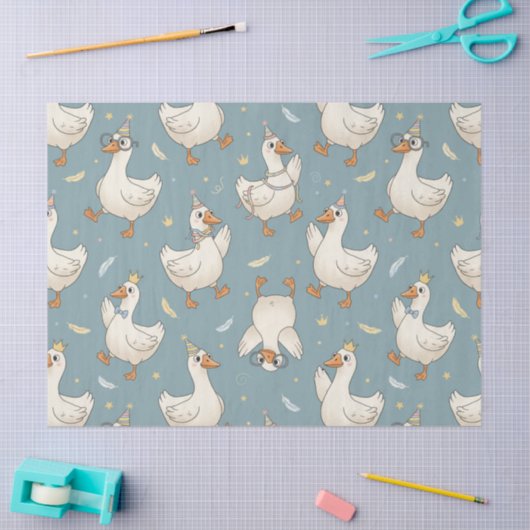 Silly Goose Party – Blue Background with Feathers 薄葉紙 (クラフト)